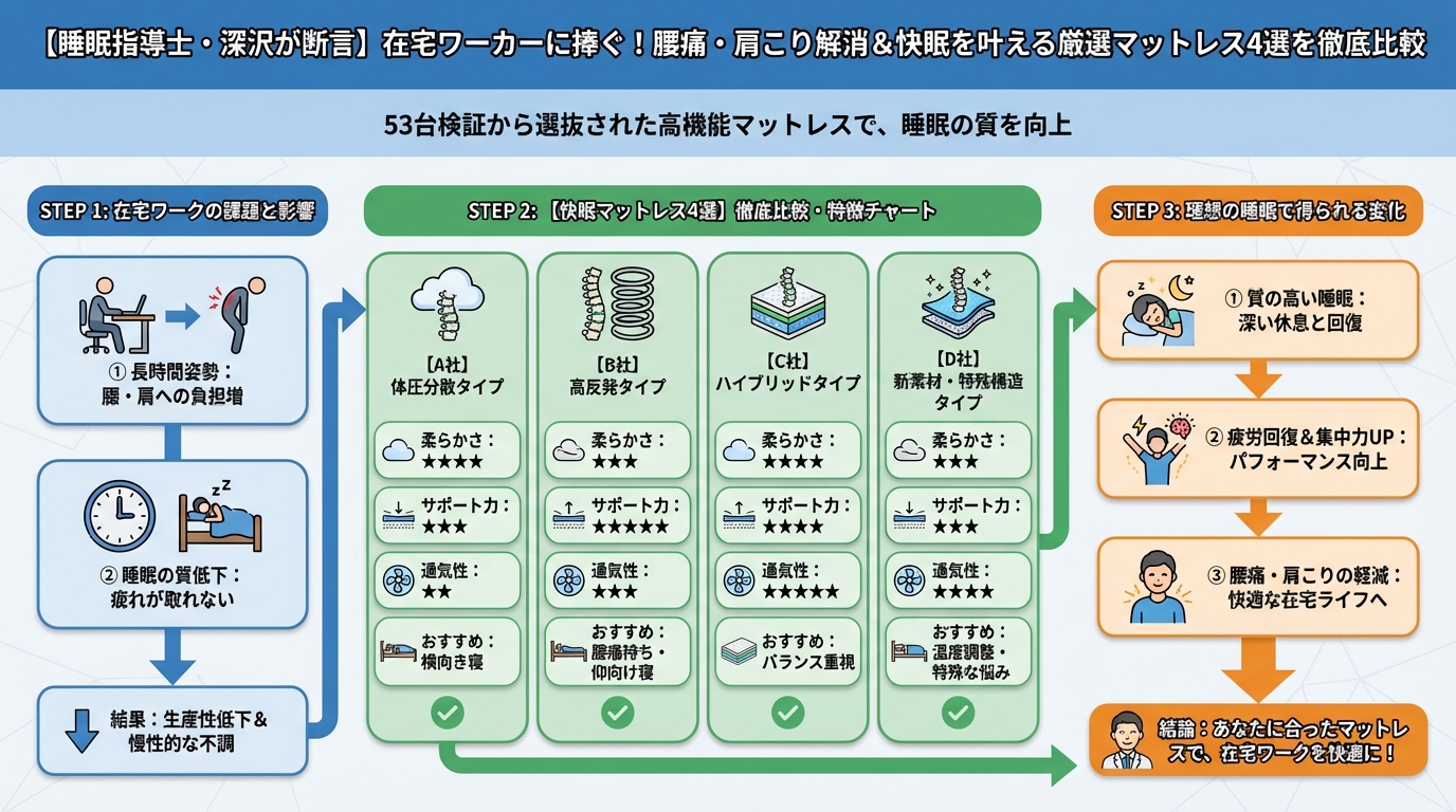 寝具 【深沢が断言】在宅ワーカーに捧ぐ!快眠を叶える厳選マットレス4選を徹底比較