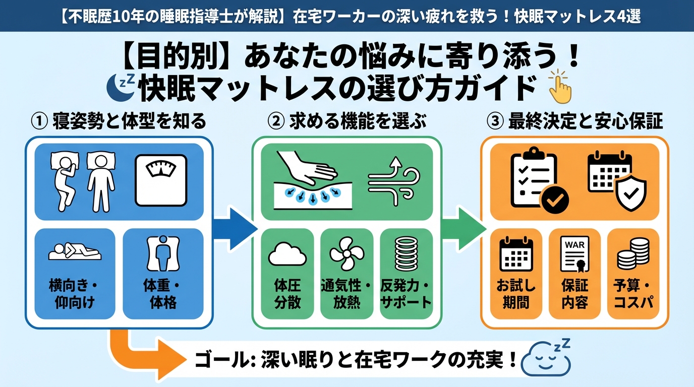 睡眠改善 【目的別】あなたの悩みに寄り添う!快眠マットレスの選び方ガイド