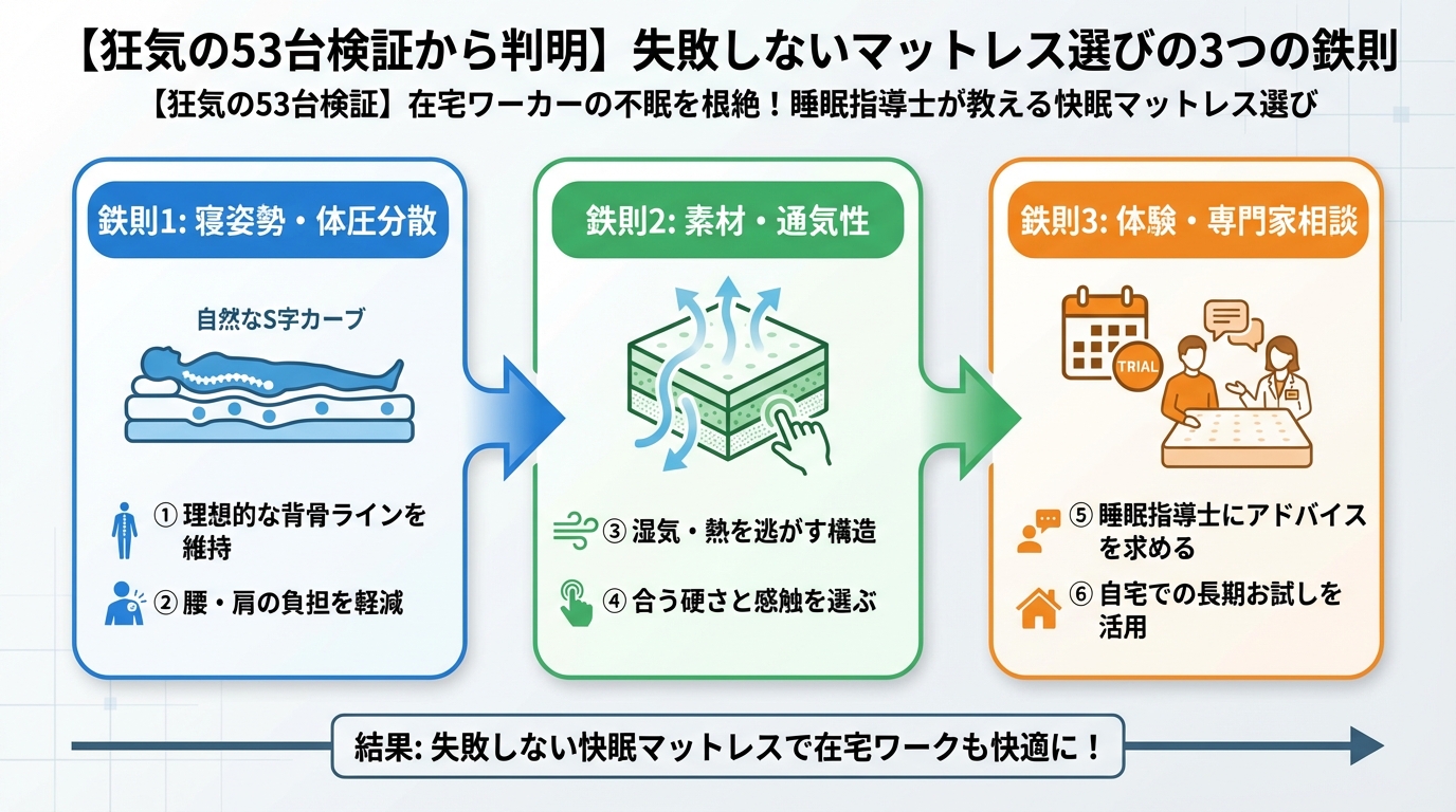 睡眠改善 【狂気の53台検証から判明】失敗しないマットレス選びの3つの鉄則