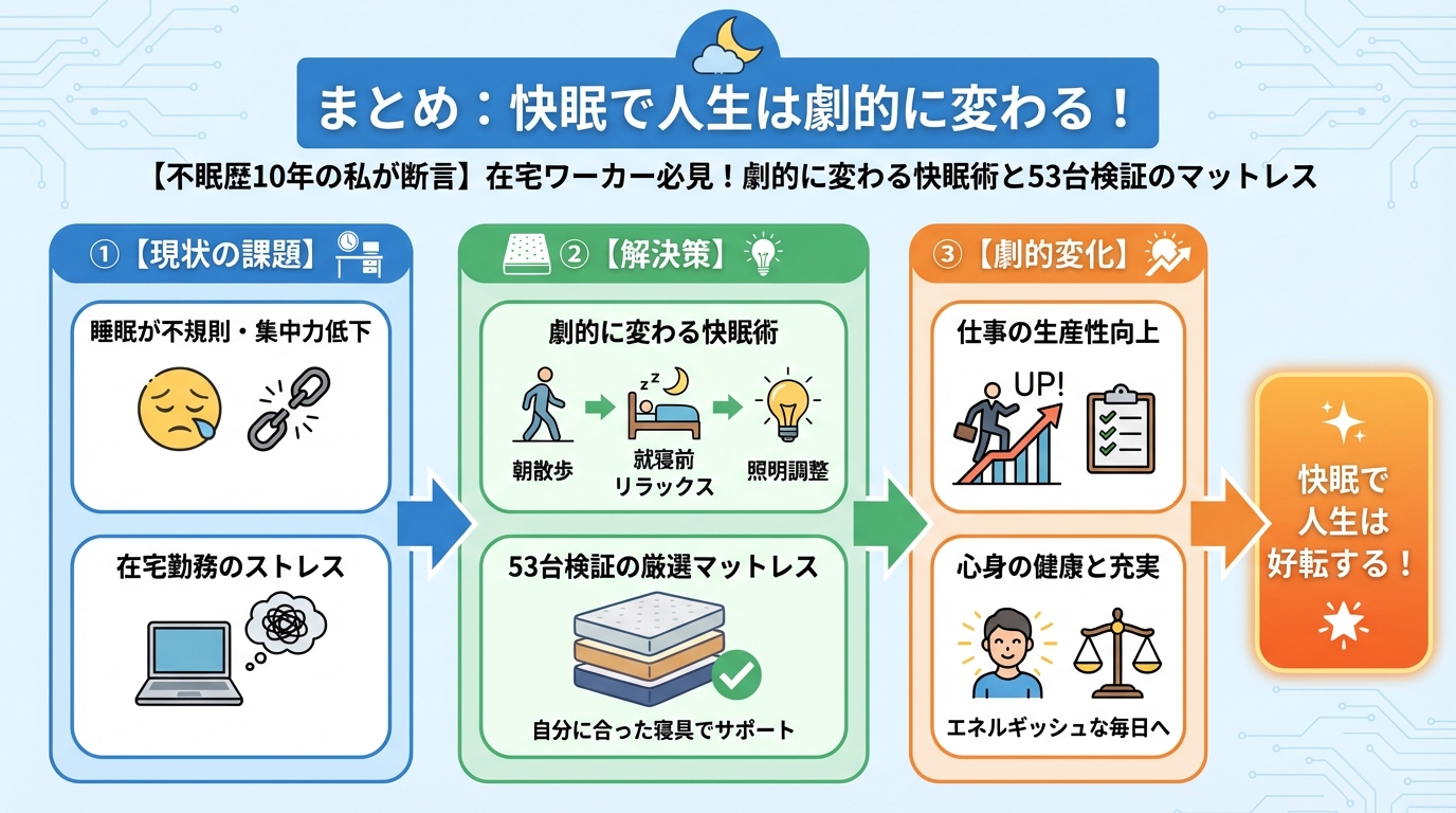睡眠改善 まとめ:快眠で人生は劇的に変わる!