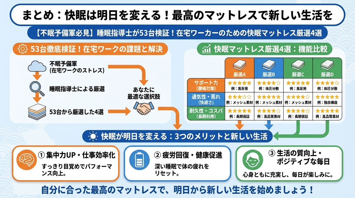 睡眠改善 まとめ:快眠は明日を変える!最高のマットレスで新しい生活を