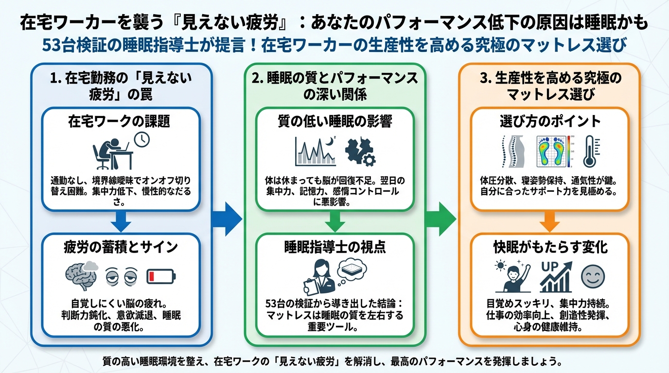 マットレス・快眠 在宅ワーカーを襲う「見えない疲労」：あなたのパフォーマンス低下の原因は睡眠かも