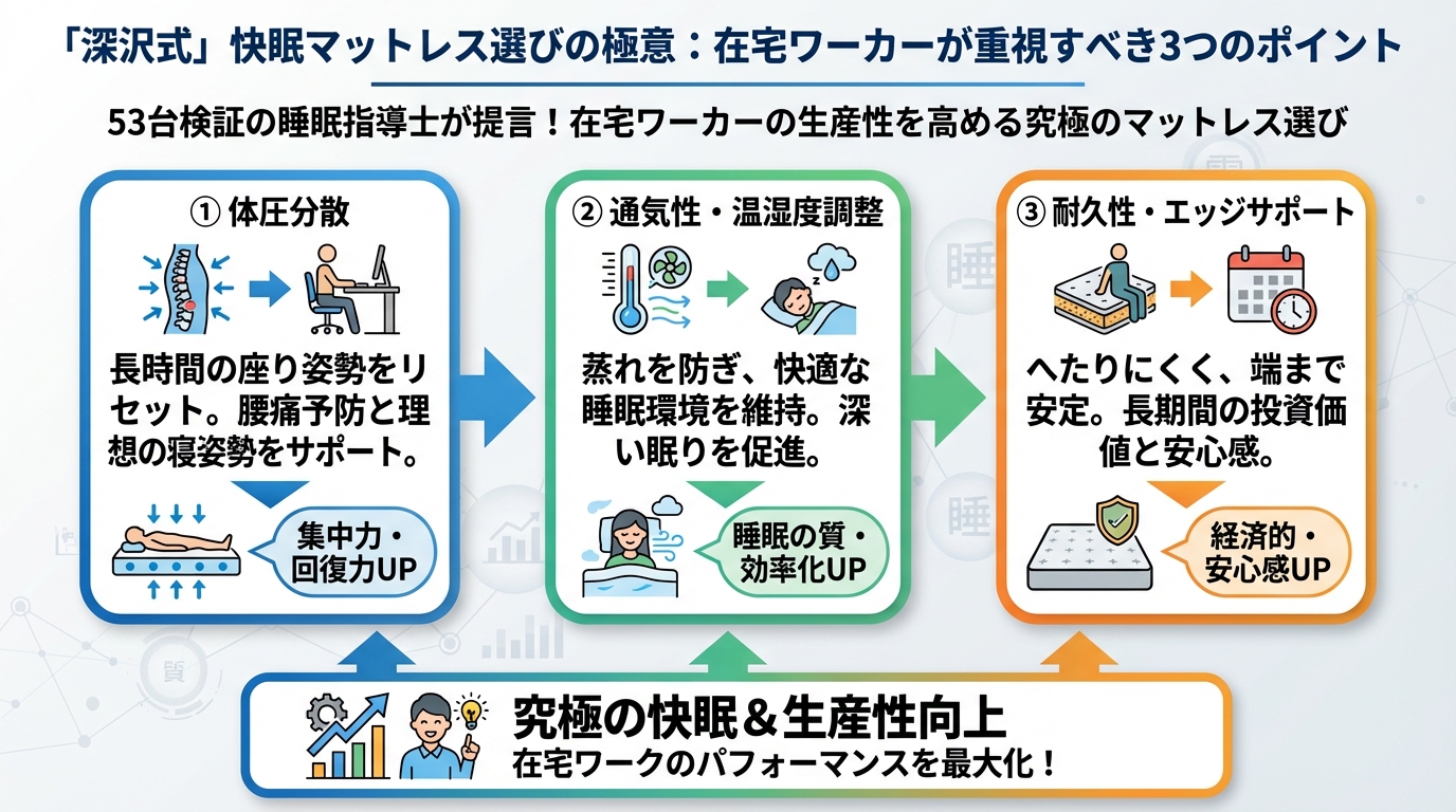 マットレス・快眠 「深沢式」快眠マットレス選びの極意：在宅ワーカーが重視すべき3つのポイント