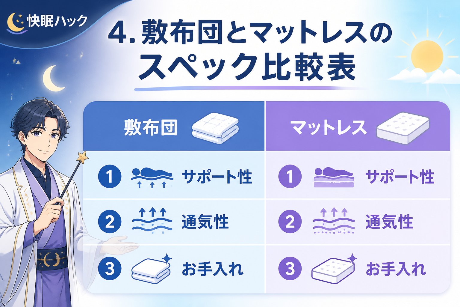寝具 4. 敷布団とマットレスのスペック比較表