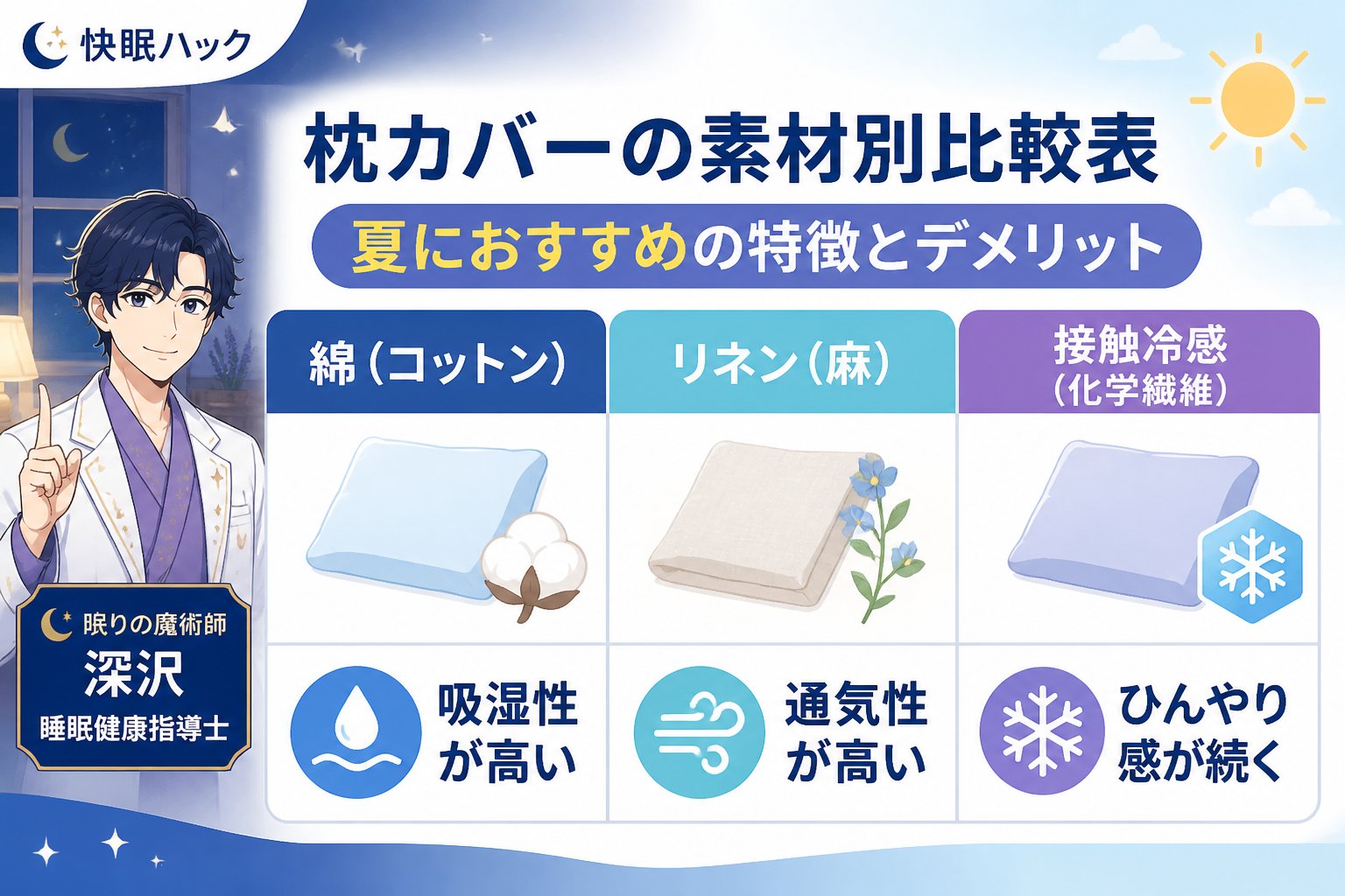 寝具 枕カバーの素材別比較表:夏におすすめの特徴とデメリット