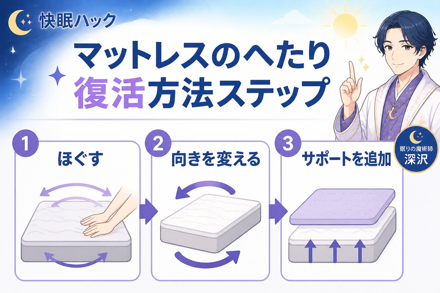 マットレス・快眠 マットレスのへたり復活方法ステップ