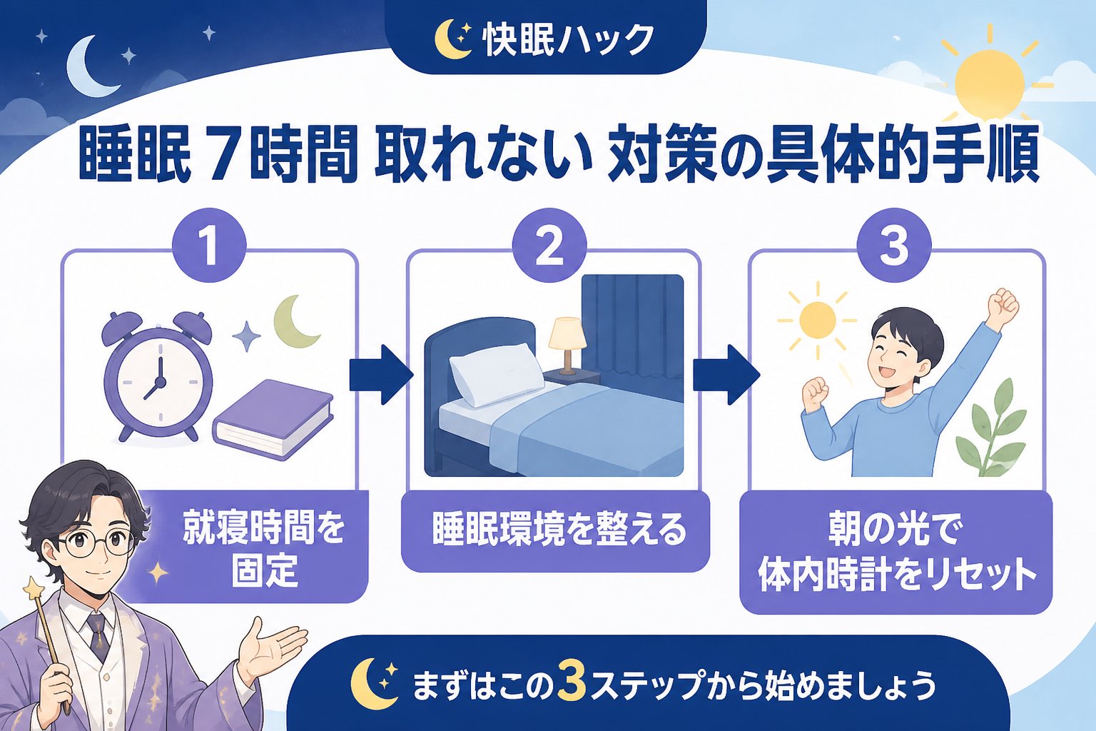 睡眠改善 睡眠 7時間 取れない 対策の具体的手順