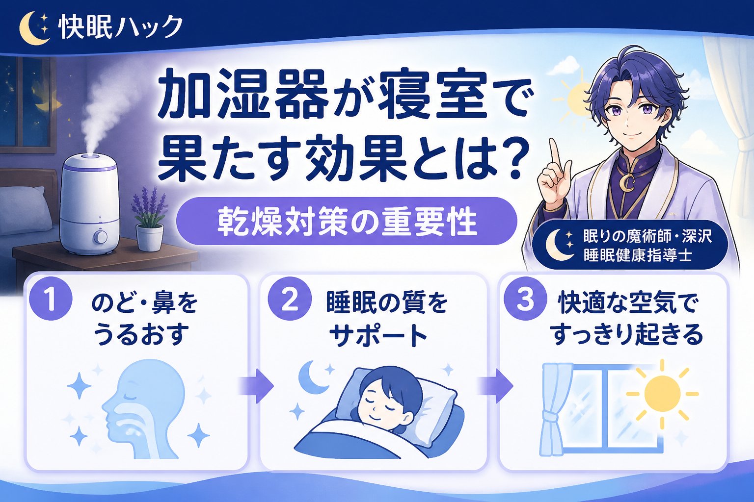 快眠グッズ 加湿器が寝室で果たす効果とは?乾燥対策の重要性