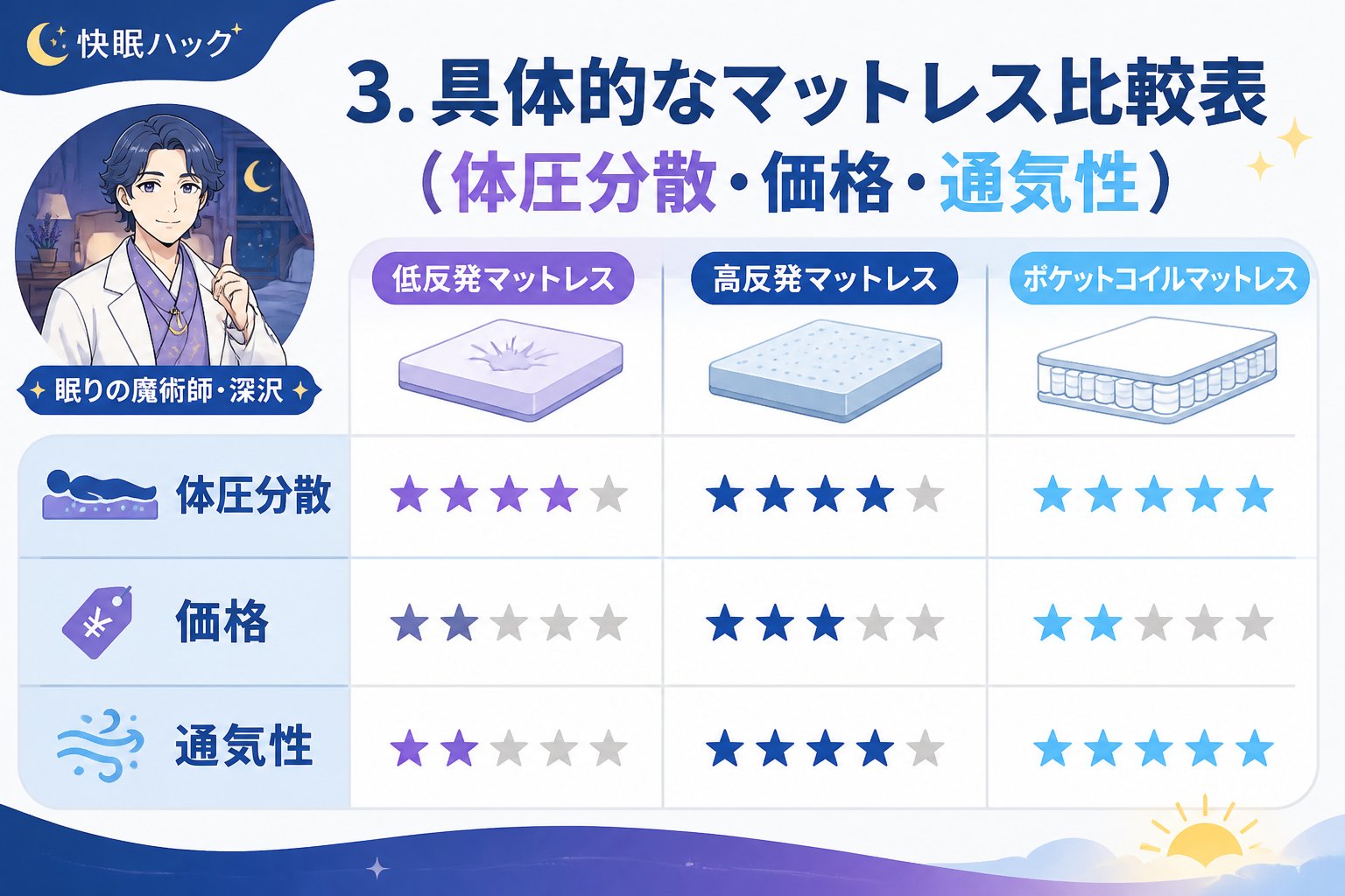 マットレス・快眠 3. 具体的なマットレス比較表（体圧分散・価格・通気性）