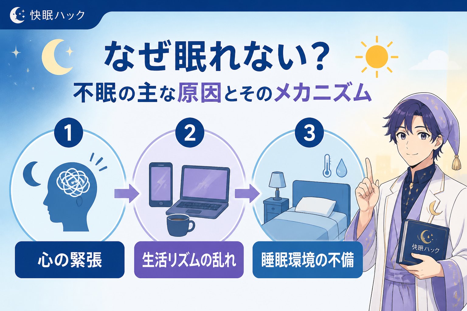 睡眠改善 1. なぜ眠れない？不眠の主な原因とそのメカニズム