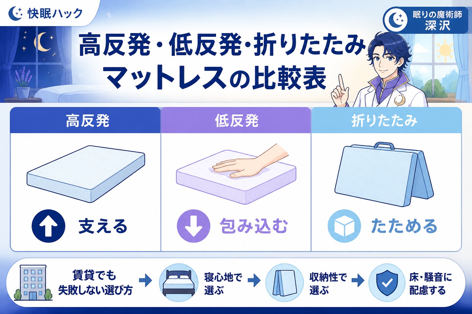 マットレス・快眠 高反発・低反発・折りたたみマットレスの比較表