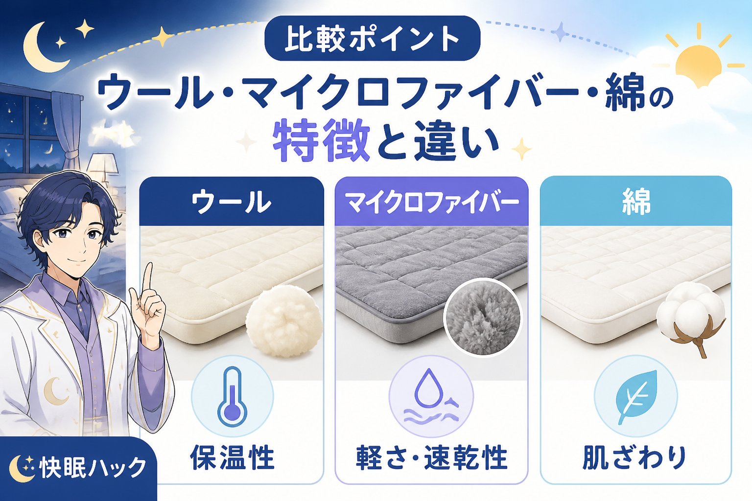 寝具 比較ポイント:ウール・マイクロファイバー・綿の特徴と違い