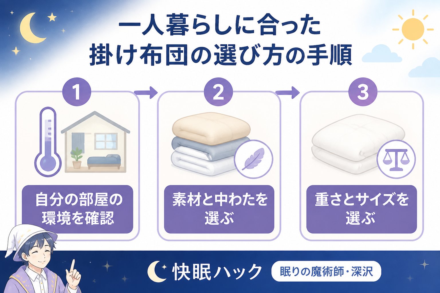 寝具 一人暮らしに合った掛け布団の選び方の手順