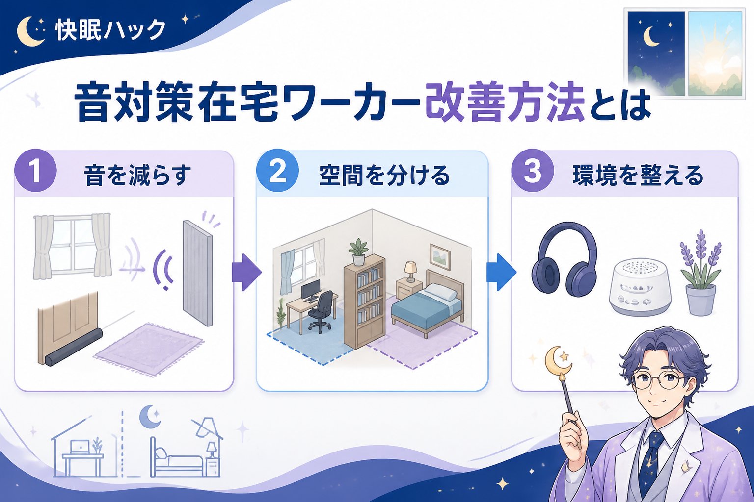 睡眠改善 音対策在宅ワーカー改善方法とは、ワンルームの限られた空間で快適な作業と睡眠環境を作るための具体的な工夫や手順のことです。