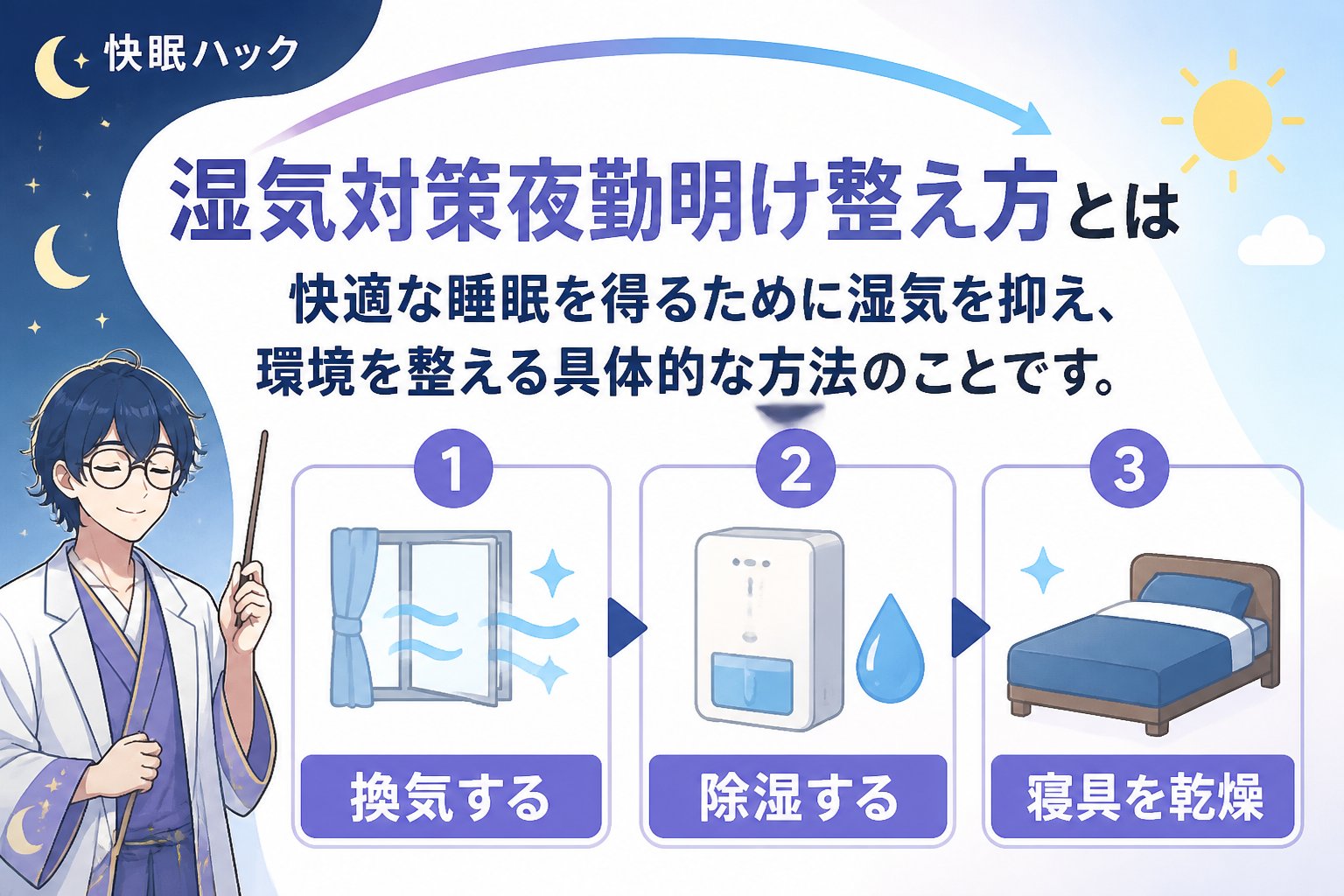 睡眠改善 湿気対策夜勤明け整え方とは、夜勤明けの寝室で快適な睡眠を得るために湿気を抑え、環境を整える具体的な方法のことです。