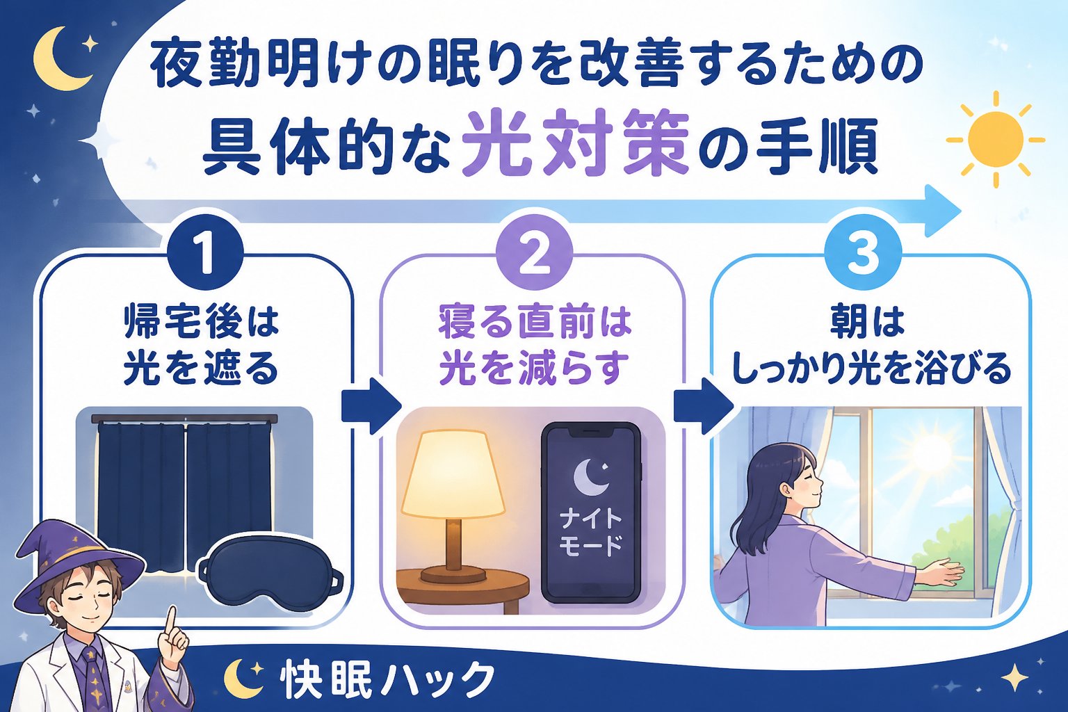 睡眠改善 夜勤明けの眠りを改善するための具体的な光対策の手順