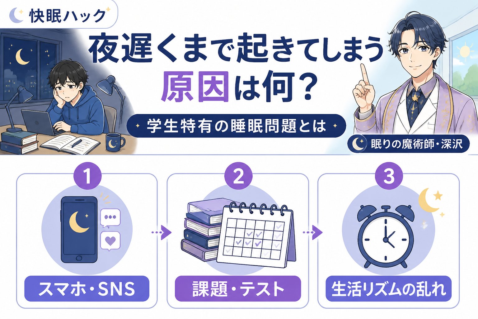 快眠グッズ 夜遅くまで起きてしまう原因は何？学生特有の睡眠問題とは