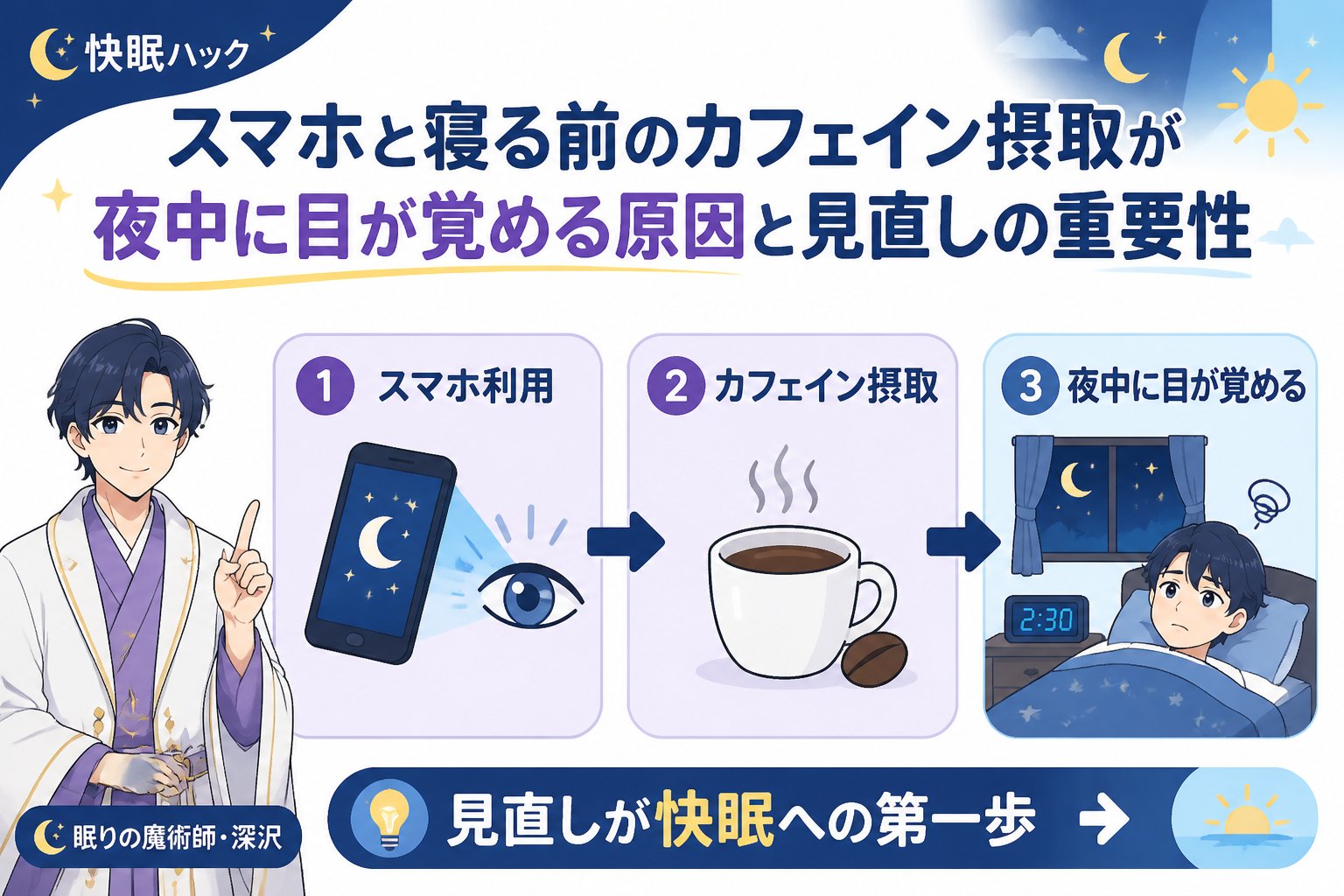 快眠グッズ スマホと寝る前のカフェイン摂取が夜中に目が覚める原因と見直しの重要性