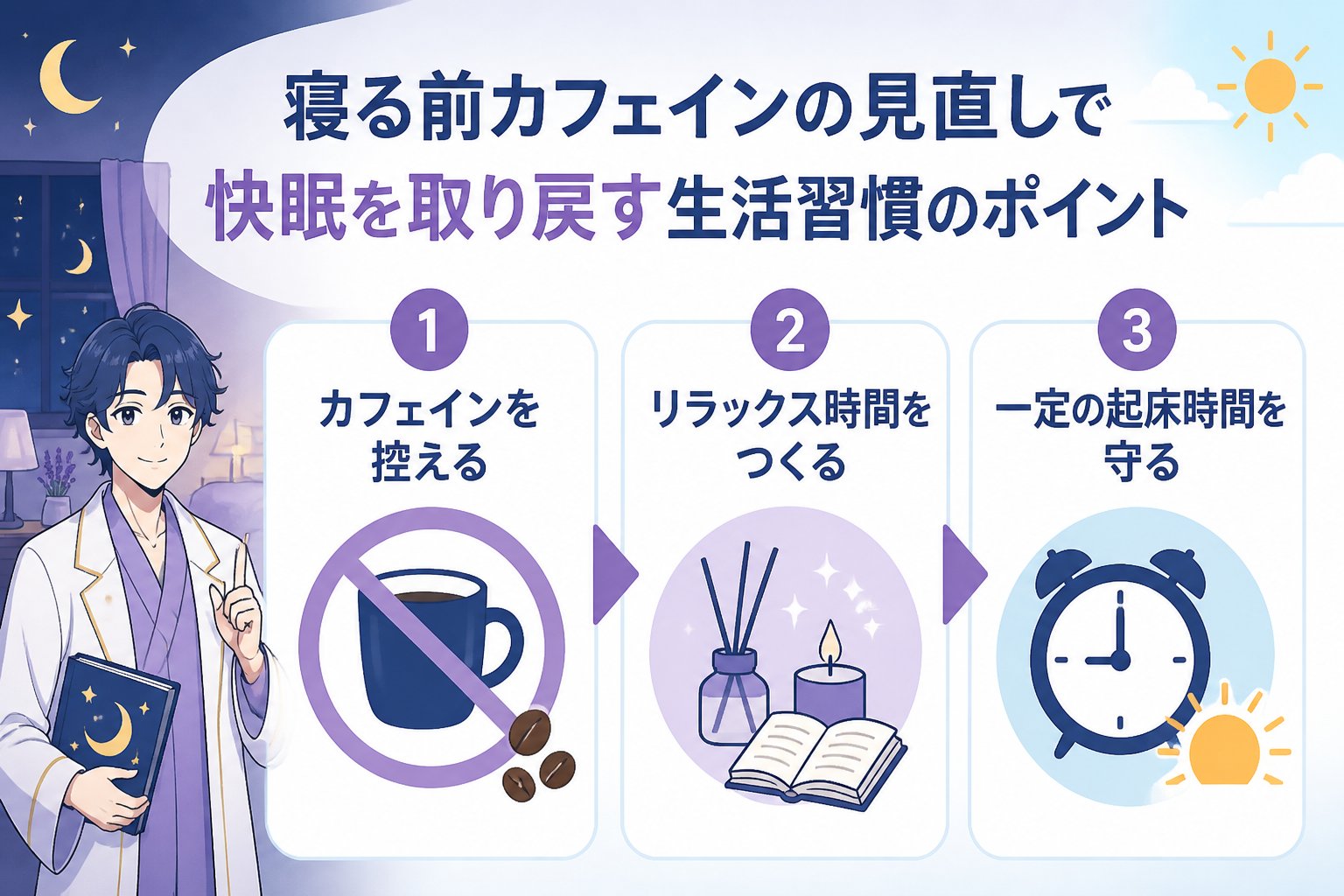 快眠グッズ 寝る前カフェインの見直し（夜中に目が覚める）を含む生活習慣のポイント